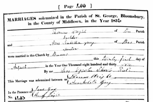 Thomas & Ann Isabella marriage record 1836