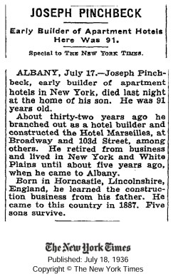 Joseph Pinchbeck obituary 1936 New York Times