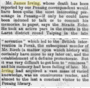 James Irving obituary straits times