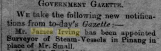 James Irving surveyor appointment 1877