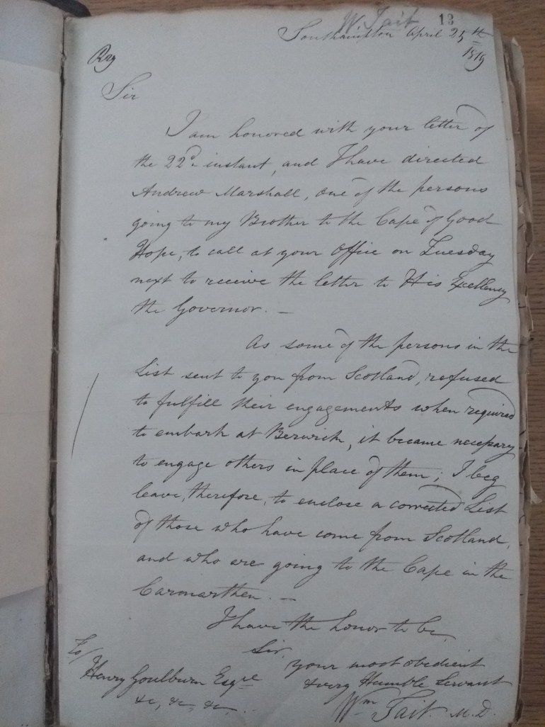 Dr William Tait letter 25 April 1819